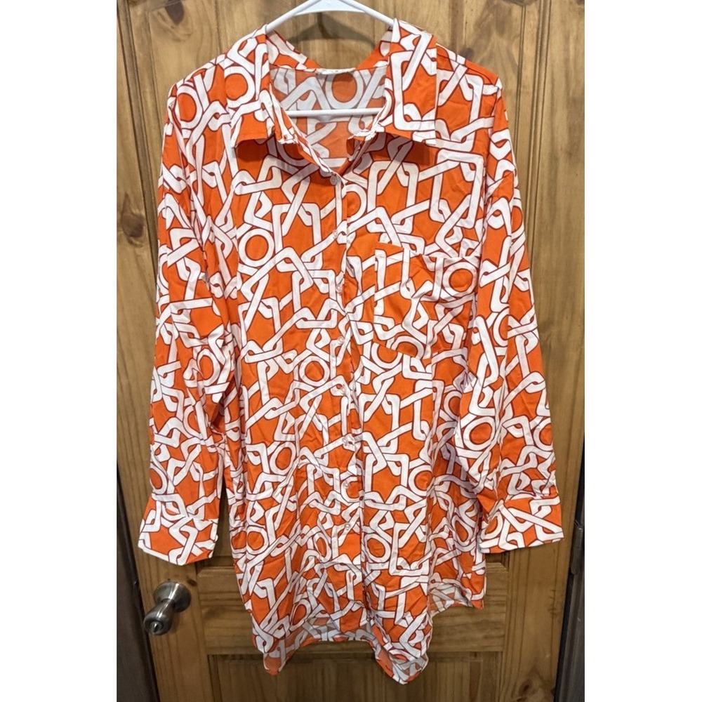 Tolie & Joy Orange White Geometric Button Front Tunic Blouse 3X Boho Mod